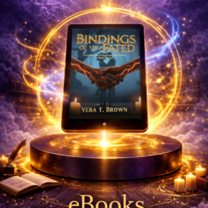 Fantasy-style image of a tablet displaying Bindings of the Fated by Vera T. Brown, floating above a glowing pedestal with swirling magical light and the word ‘eBooks’ below.