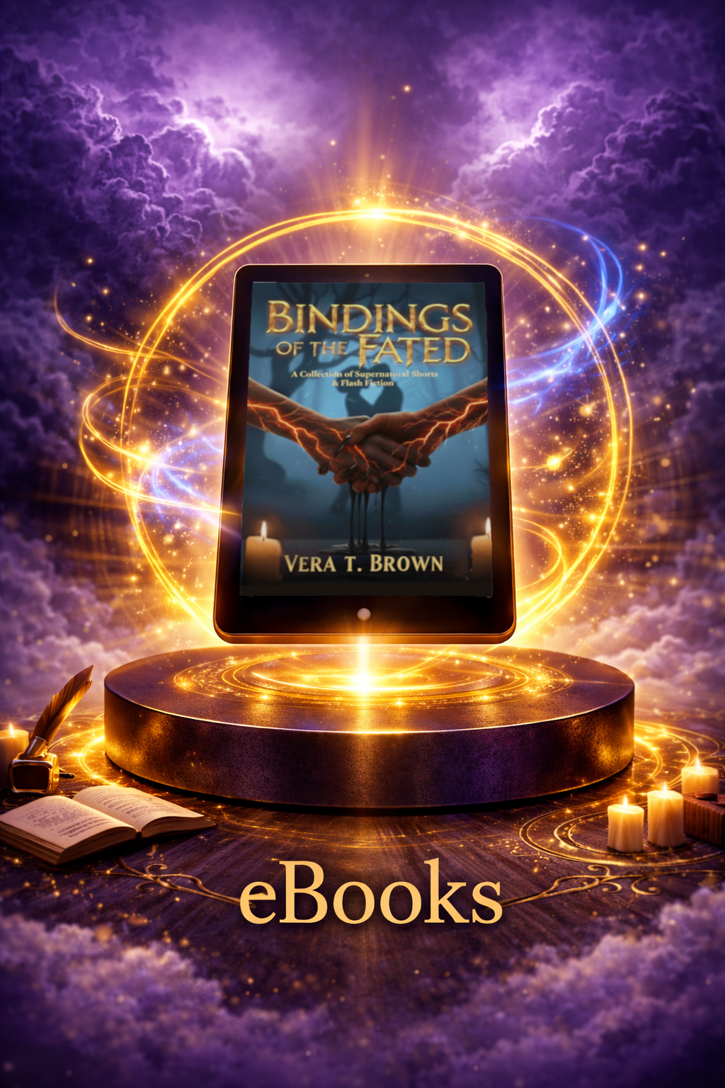 Fantasy-style image of a tablet displaying Bindings of the Fated by Vera T. Brown, floating above a glowing pedestal with swirling magical light and the word ‘eBooks’ below.