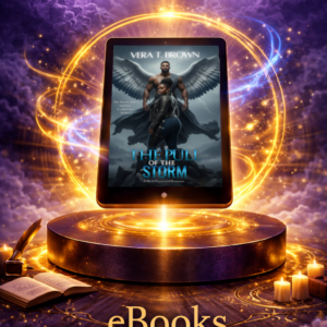 Fantasy-style image of a tablet displaying The Pull of the Storm by Vera T. Brown, floating above a glowing pedestal with magical golden light and the word ‘eBooks’ below.