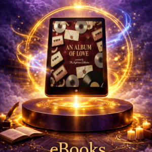 An Album of Love anthology ebook displayed on a glowing tablet in a fantasy themed ebook promotion image.