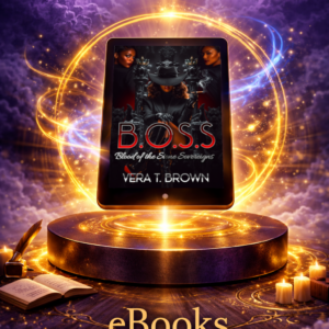 Tablet displaying the B.O.S.S: Blood of the Stone Sovereigns ebook by Vera T. Brown, floating above a glowing pedestal surrounded by magical golden light and labeled ‘eBooks.’