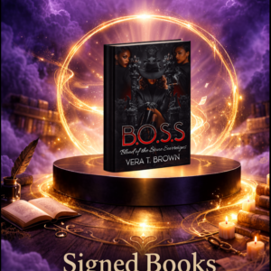 Book displaying the B.O.S.S: Blood of the Stone Sovereigns ebook by Vera T. Brown, floating above a glowing pedestal surrounded by magical golden light and labeled ‘Signed Books.’