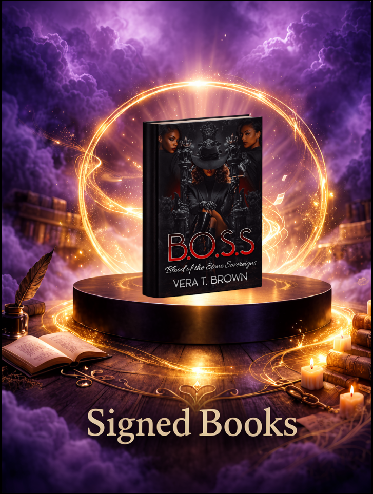 Book displaying the B.O.S.S: Blood of the Stone Sovereigns ebook by Vera T. Brown, floating above a glowing pedestal surrounded by magical golden light and labeled ‘Signed Books.’