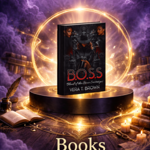 Book displaying the B.O.S.S: Blood of the Stone Sovereigns ebook by Vera T. Brown, floating above a glowing pedestal surrounded by magical golden light and labeled ‘Books.’
