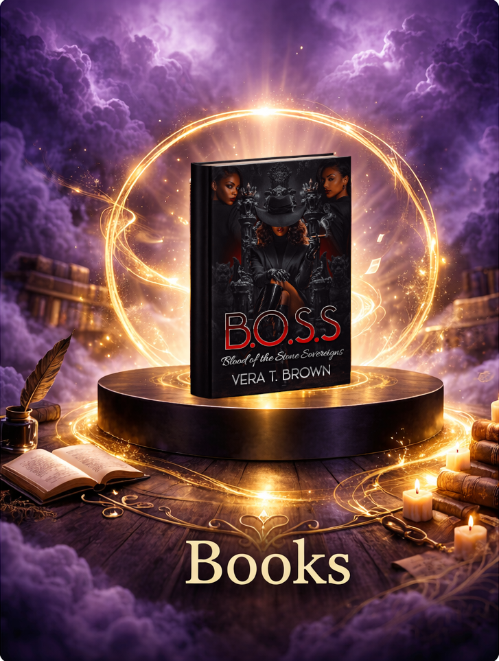 Book displaying the B.O.S.S: Blood of the Stone Sovereigns ebook by Vera T. Brown, floating above a glowing pedestal surrounded by magical golden light and labeled ‘Books.’